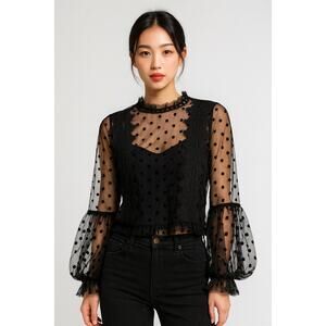 Touch Me Brand Black Sheer Lace Mesh Top Women's M-Swiss Dot Romantic whimsygoth